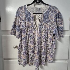 Lucky Brand Short Sleeve Boho Peasant Cottage Summer/Spring Blouse Size Large